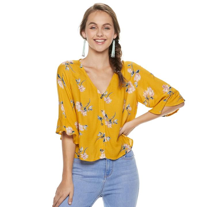 Juniors' Rewind Floral Button Front Top, Teens, Size: Xs, Gold