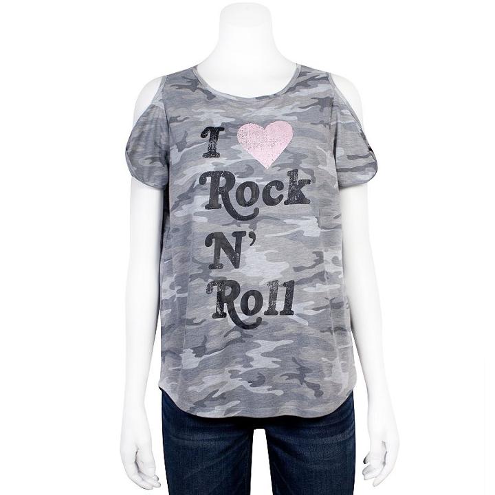 Juniors' Grayson Threads Rock N' Roll Camo Cold-shoulder Graphic Tee, Teens, Size: Xs, Gray Camo Print