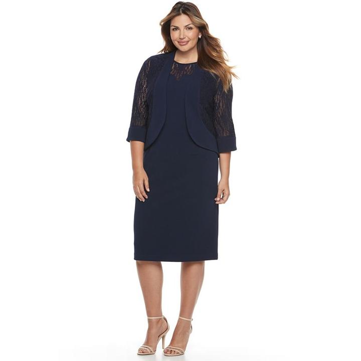 Plus Size Maya Brooke Lace-trim Sheath Dress & Jacket Set, Women's, Size: 14 W, Blue (navy)