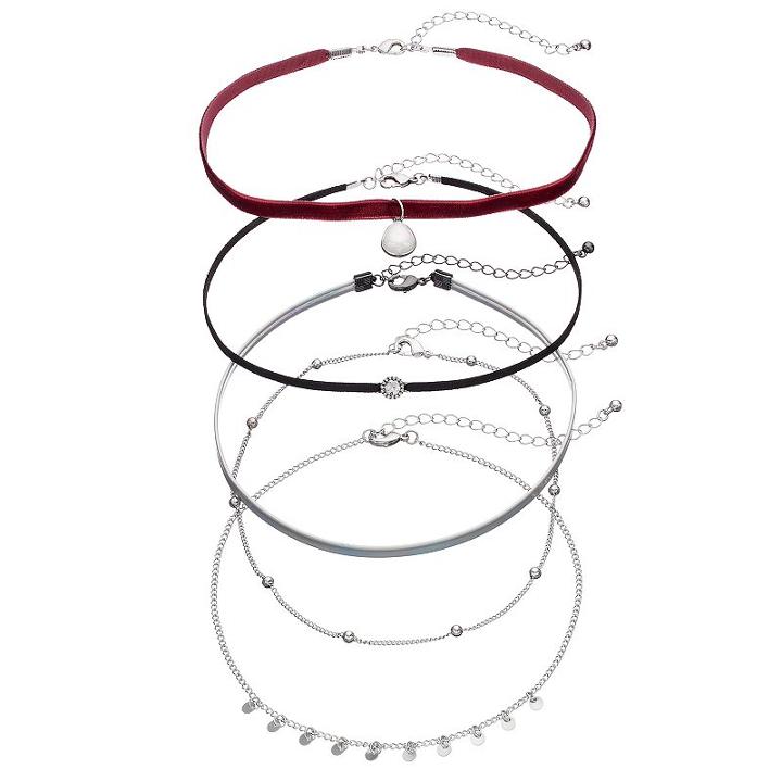 Maroon Velvet, Shaky Disc & Beaded Choker Necklace Set, Women's, Silver