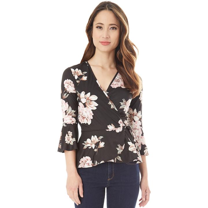 Juniors' Iz Byer Floral Faux-wrap Top, Teens, Size: Xl, Black Floral