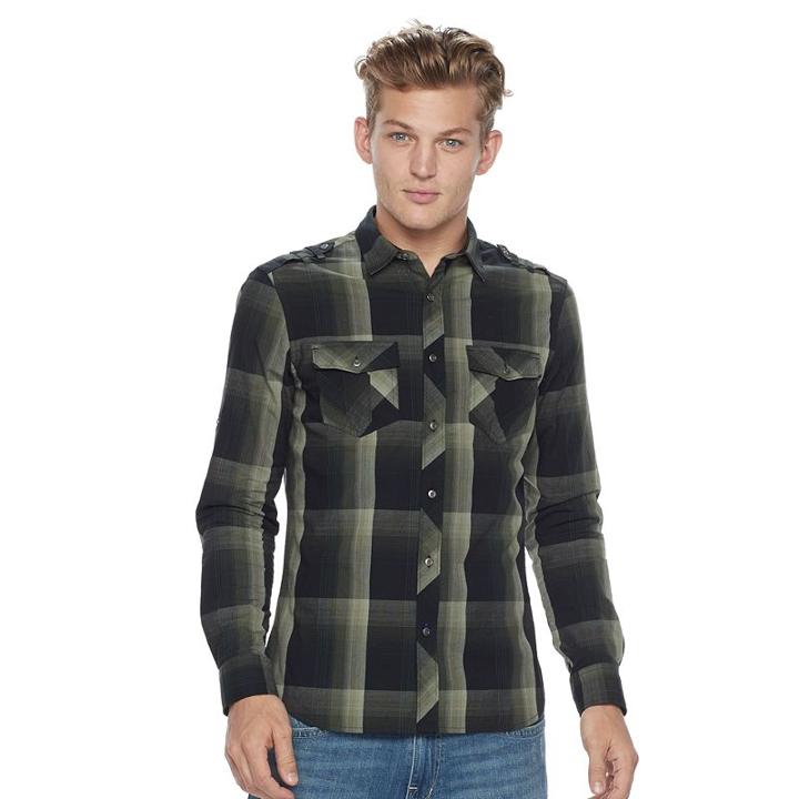 Men's Rock & Republic&reg; Plaid Stretch Poplin Button-down Shirt, Size: Medium, Dark Green