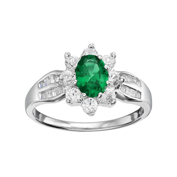 Sterling Silver Simulated Emerald & Lab-created White Sapphire Flower Ring, Women's, Size: 8, Green