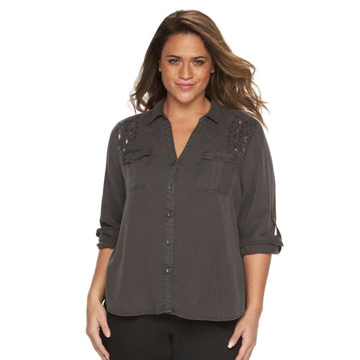 Plus Size Rock & Republic&reg; Embellished Roll-tab Shirt, Women's, Size: 0x, Blue