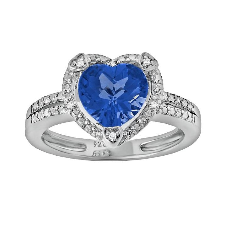 Sterling Silver Lab-created Sapphire And Diamond Accent Heart Frame Ring, Women's, Size: 7, Blue