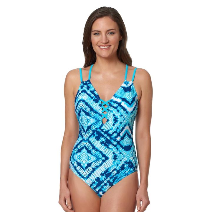 Women's Pink Envelope Printed One-piece Swimsuit, Size: Small, Med Green