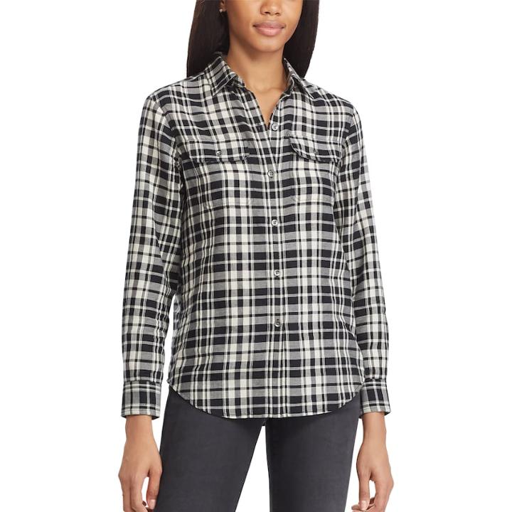 Women's Chaps Plaid Twill Button-down Shirt, Size: Xxl, Black