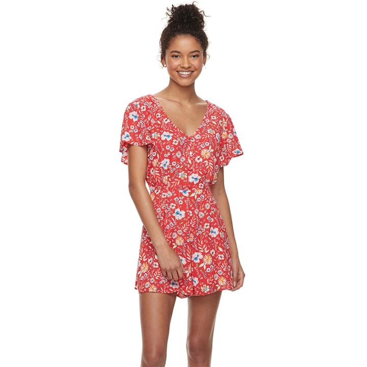 Juniors' Trixxi Button Front Short Sleeve Romper, Teens, Size: Small, Med Red
