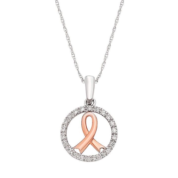 Two Tone 14k Gold 1/10 Carat T.w. Diamond Breast Cancer Awareness Pendant Necklace, Women's, Size: 18, White
