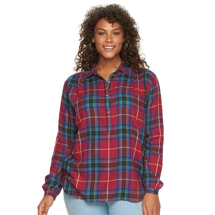 Plus Size Chaps Twill Henley Shirt, Women's, Size: 1xl, Pink Ovrfl