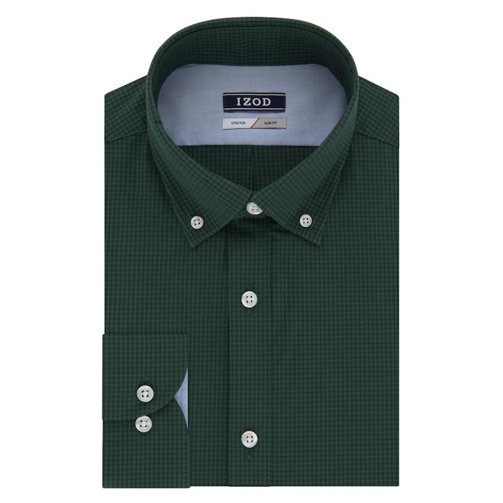 Men's Izod Slim-fit Button-down Collar Wrinkle-free Dress Shirt, Size: 17 36/37, Dark Green