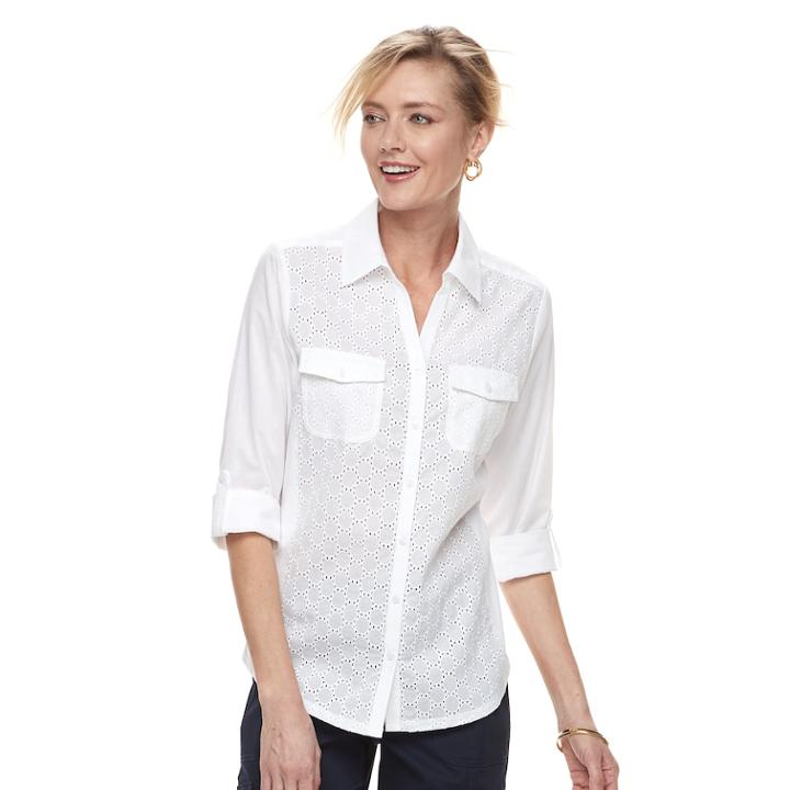 Women's Croft & Barrow&reg; Knit-to-fit Roll-tab Shirt, Size: Xxl, White