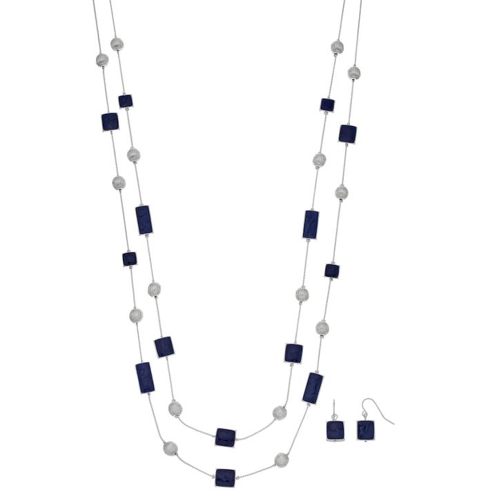Double Strand Blue Rectangle & Square Necklace & Drop Earring Set, Women's