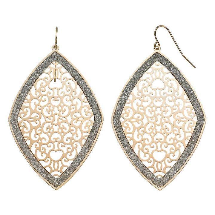 Glittery Filigree Marquise Nickel Free Drop Earrings, Women's, Gold