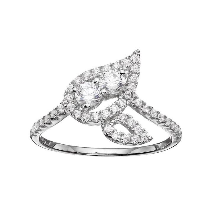 Intertwined Sterling Silver Cubic Zirconia 2-stone Leaf Ring, Women's, Size: 6, White