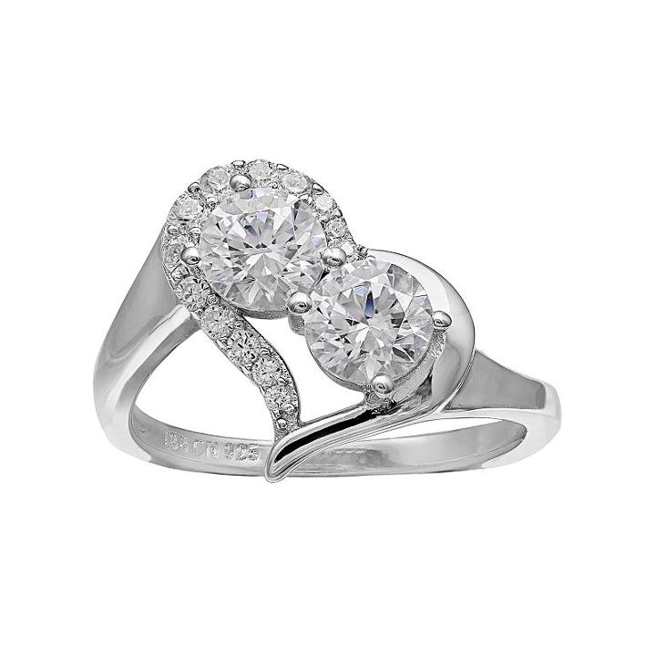 Intertwined Sterling Silver Cubic Zirconia Two Stone Heart Ring, Women's, Size: 8, White