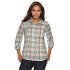 Women's Caribbean Joe Plaid Roll-tab Shirt, Size: Small, Green Oth