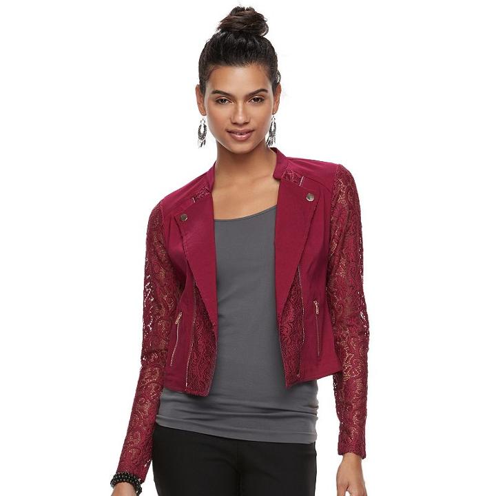 Juniors' Candie's&reg; Lace Crop Moto Jacket, Teens, Size: Large, Red