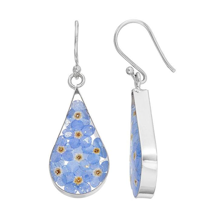 Sterling Silver Blue Pressed Flower Teardrop Earrings, Women's