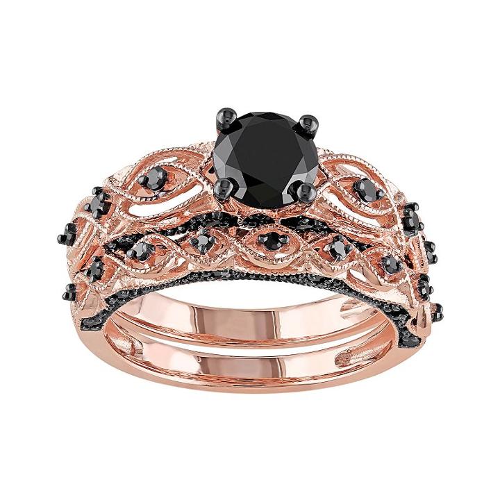 10k Rose Gold 1 3/8 Carat T.w. Black Diamond Swirl Engagement Ring Set, Women's, Size: 7, White