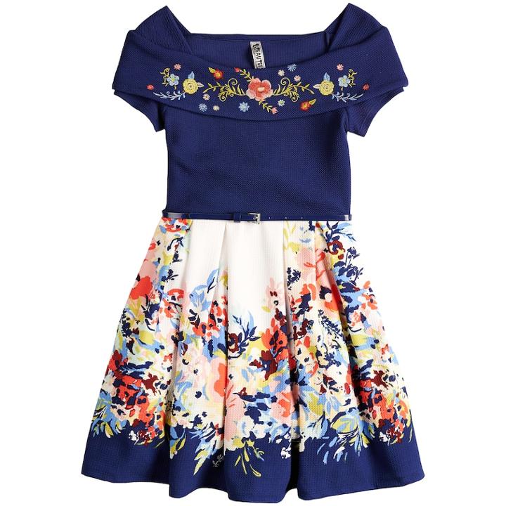 Girls 7-16 Beautees Off The Shoulder Belted Skater Dress, Size: 14, Blue (navy)