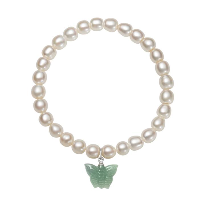 Sterling Silver Freshwater Cultured Pearl & Jade Butterfly Stretch Bracelet, Women's, Size: 7.5, White