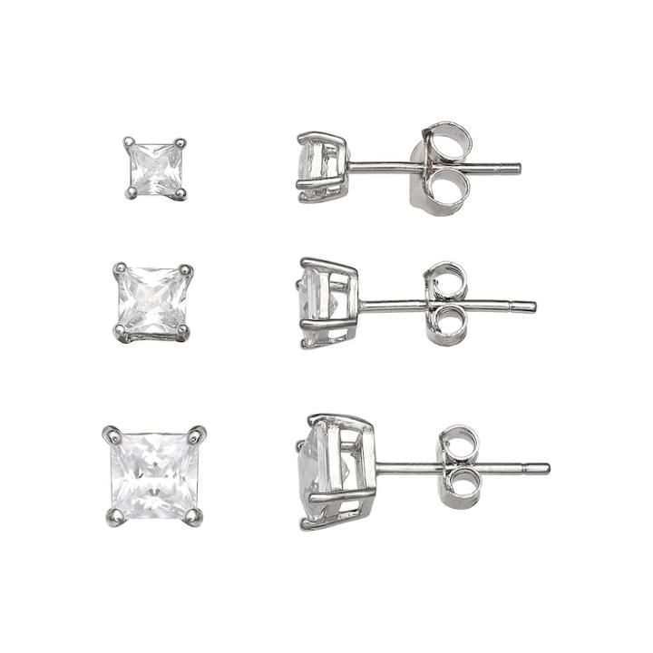 Primrose Sterling Silver 3-pair Princess Cut Cubic Zirconia Stud Earring Set, Women's, White