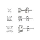 Primrose Sterling Silver 3-pair Princess Cut Cubic Zirconia Stud Earring Set, Women's, White