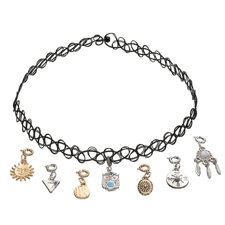 Mudd&reg; Dream Catcher, Owl, Sun & Compass Charm Tattoo Choker Necklace Set, Women's, Black