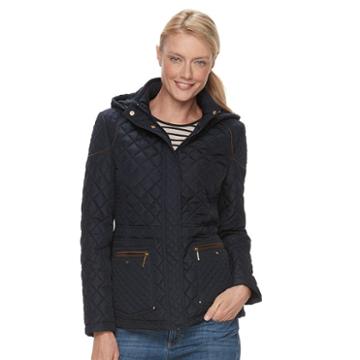 Women's Weathercast Quilted Hooded Jacket, Size: Large, Dark Blue