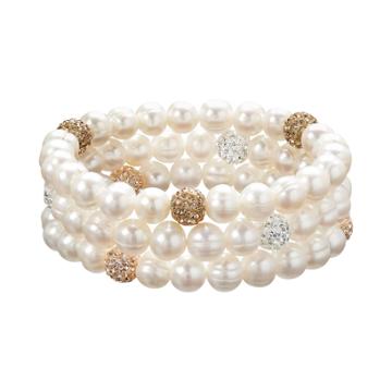 Freshwater By Honora Freshwater Cultured Pearl And Crystal Stretch Bracelet Set, Women's, White