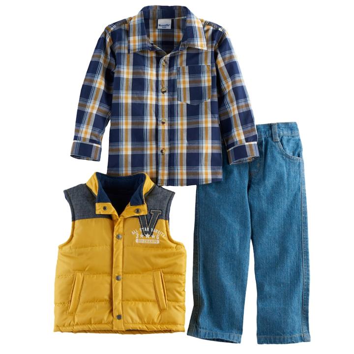 Boys 4-7 Nannette 3-pc. Plaid Shirt, Vest & Jeans Set, Size: 6, Yellow