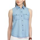 Women's Chaps Dot Linen Blend Shirt, Size: Medium, Blue