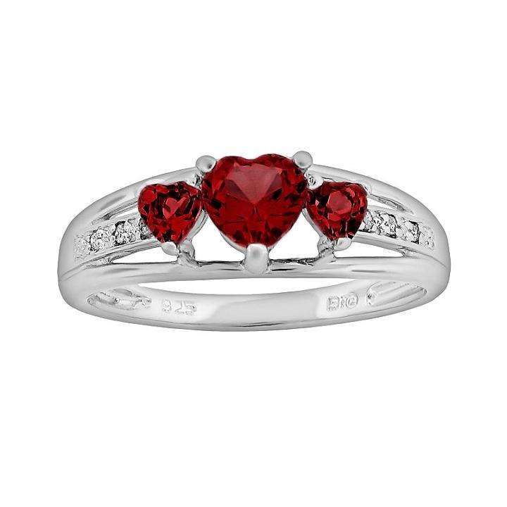 Sterling Silver Garnet And Diamond Accent Heart 3-stone Ring, Women's, Size: 9, Red