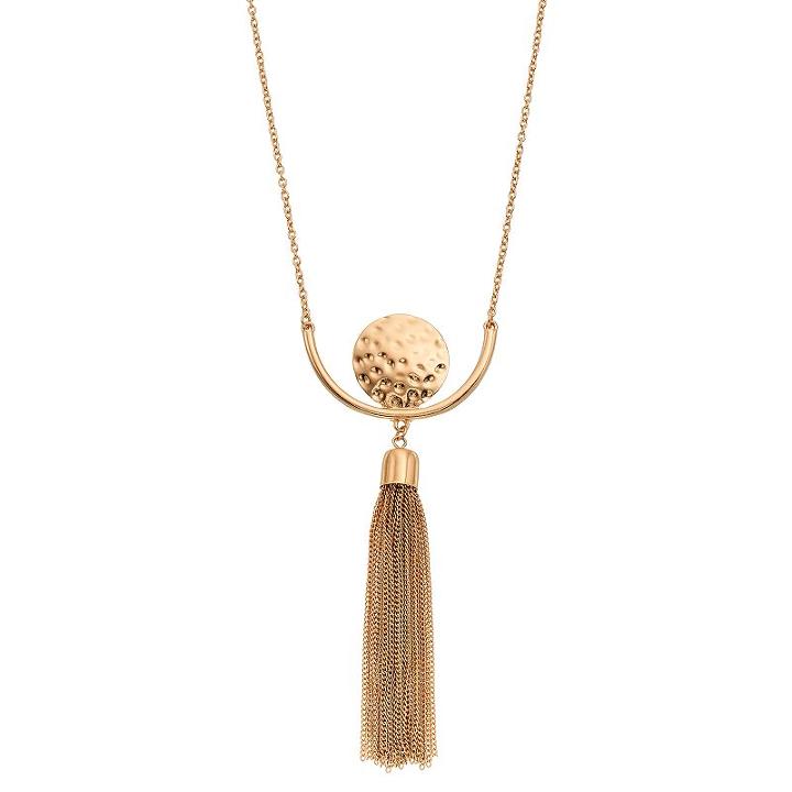 Long Hammered Disc Tassel Necklace, Women's, Gold