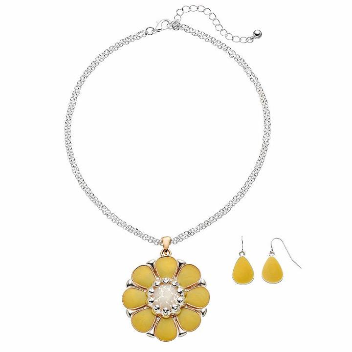 Yellow Flower Pendant Necklace & Teardrop Earring Set, Women's