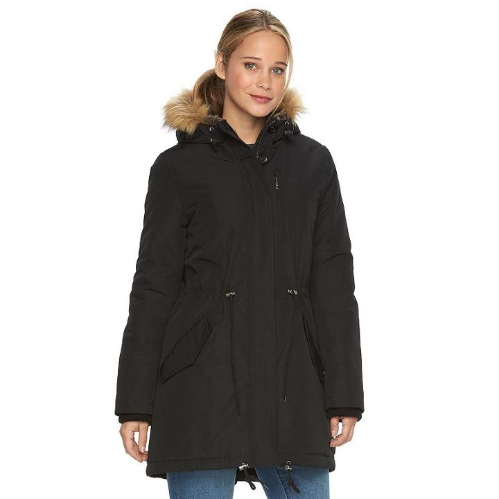 Women's Levi's Faux-fur Hooded Fishtail Anorak Jacket, Size: Small, Black