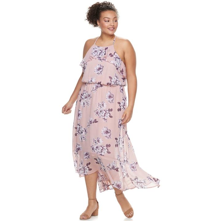 Juniors' Plus Size Lily Rose Ruffled Floral Halter Maxi Dress, Teens, Size: 2xl, Plum Blush