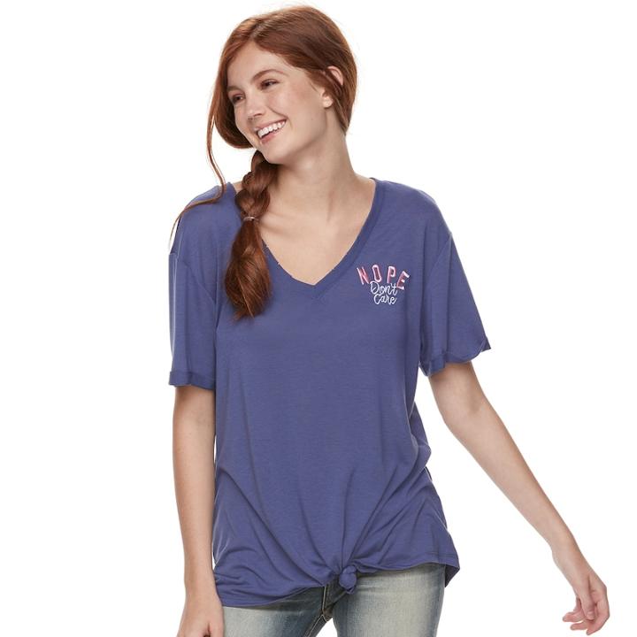 Juniors' Nope Don't Care Tie-front Graphic Tee, Teens, Size: Medium, Blue