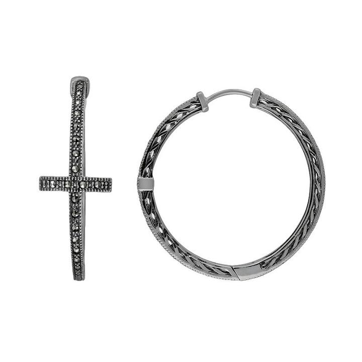 Lavish By Tjm Sterling Silver Cross Hoop Earrings - Made With Swarovski Marcasite, Women's, Black