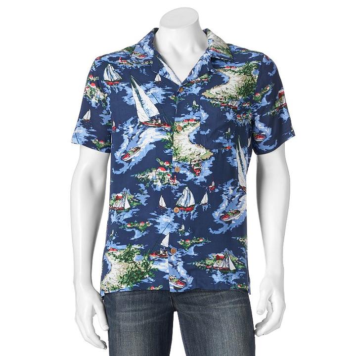 Men's Caribbean Joe Classic-fit Convertible-collar Tropical Button-down Shirt, Size: Large, Dark Blue