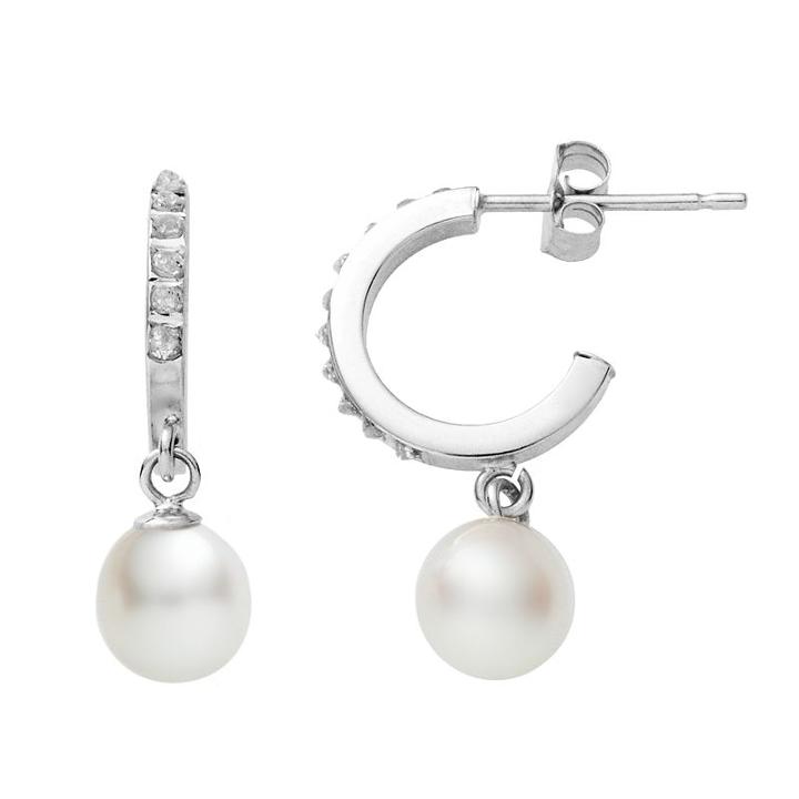 Diamond Fascination 14k White Gold Freshwater Cultured Pearl Hoop Earrings, Women's