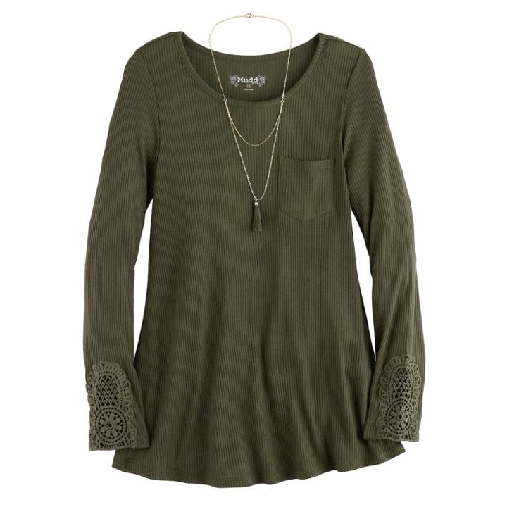 Girls 7-16 & Plus Size Mudd&reg; Ribbed Pocket Jegging Tee With Necklace, Size: 14 1/2, Dark Green