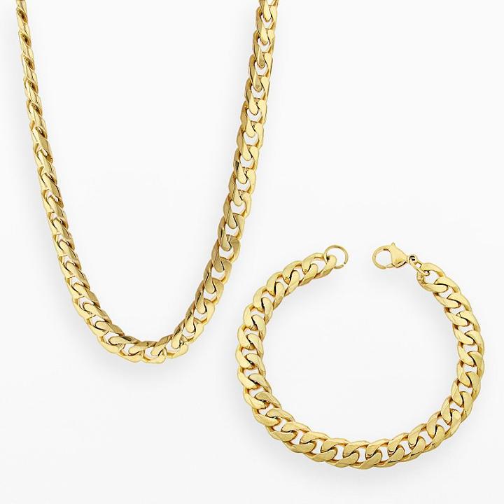Lynx Yellow Ion-plated Stainless Steel Curb Chain Necklace And Bracelet Set - Men, Size: 22