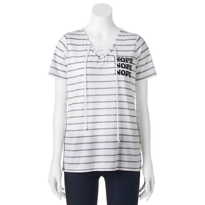 Juniors' Nope Striped Lace-up Graphic Tee, Girl's, Size: Small, White