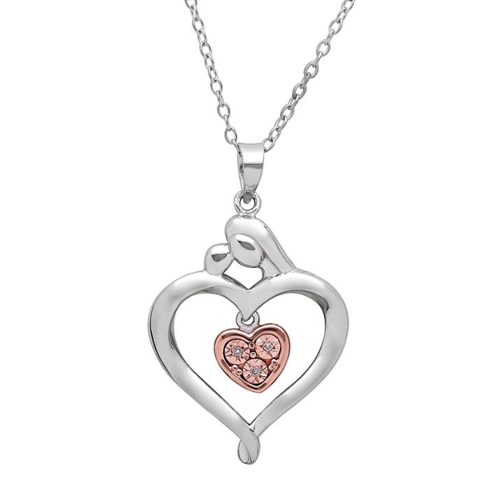 Rose Gold-tone Sterling Silver And Sterling Silver Diamond Accent Motherly Love Heart Pendant, Women's, Size: 18, White