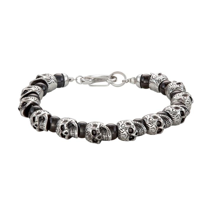 Men's Onyx Beaded Stainless Steel Skull Bracelet, Size: 8.5, White