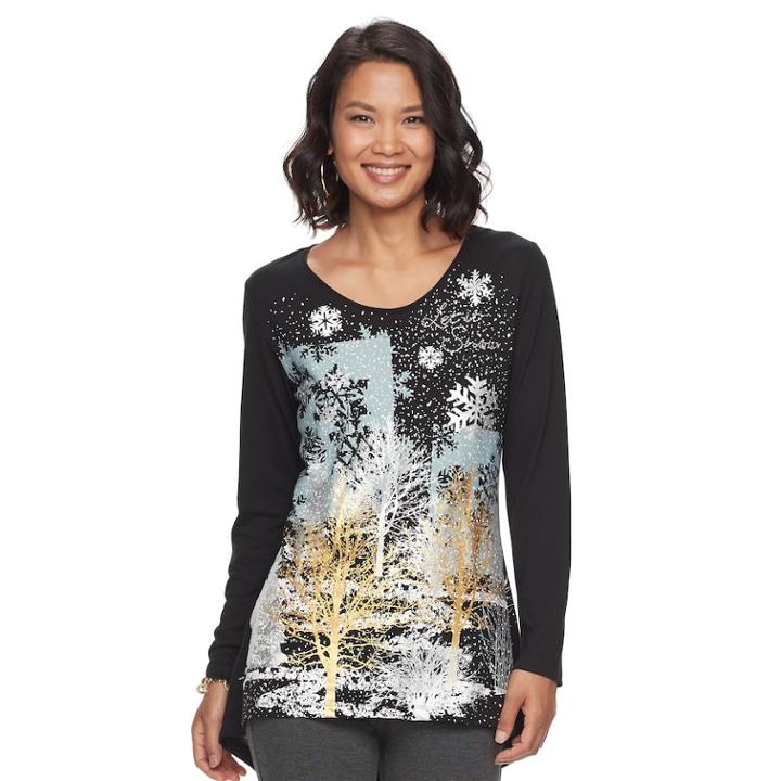 Petite Snowflake High-low Tee, Women's, Size: Large, Black