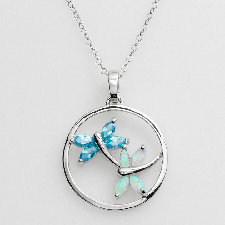 Jewelry For Trees Platinum Over Silver Cubic Zirconia And Lab-created Opal Dragonfly Pendant, Women's, Blue