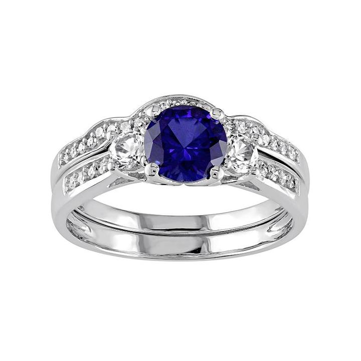 Lab-created Blue & White Sapphire & 1/8 Carat T.w. Diamond 10k White Gold 3-stone Engagement Ring Set, Women's, Size: 6